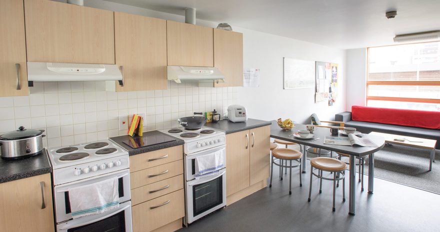 The kitchen in the standard ensuite in Mendip Court