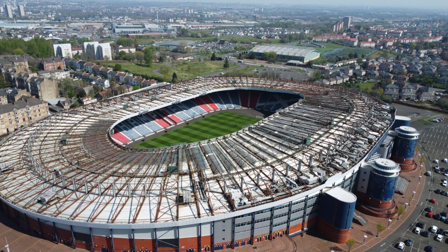 Hampden Park Stadium in Glasgow on a clear day