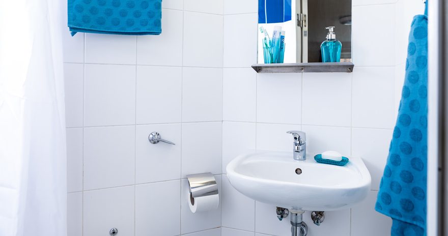 a close up of washbasin and mirror in the bathroom at Albert Courtt