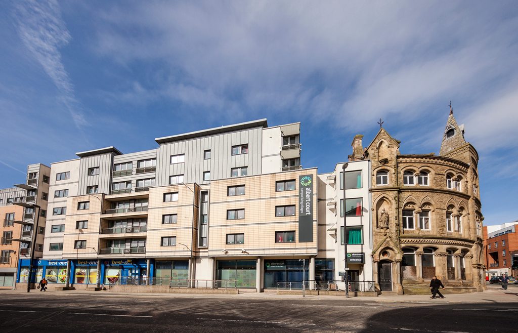 Exterior shot of the Albert Court residence in Liverpoo