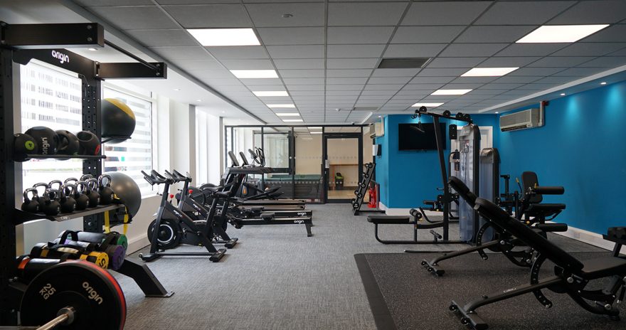 A wide shot of the on-site gym at Albert Court