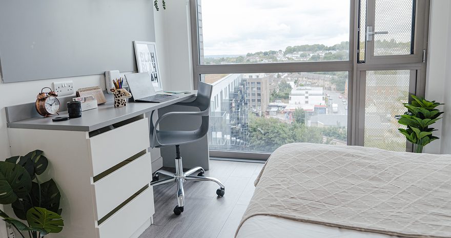 study desk with chair and window with views over Lewisham