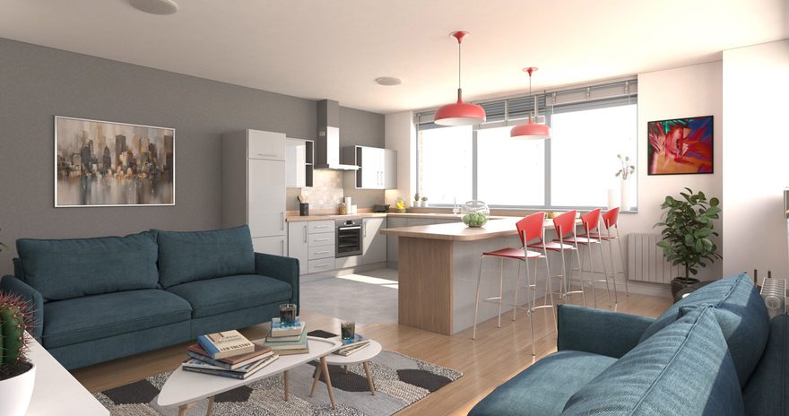 a shared kitchen at the Broadgate House featuring a cooking area, cupboards and seating area stools and sofas