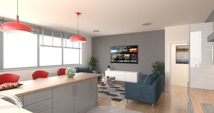 The shared kitchen containing a seating area with sofas and a TV