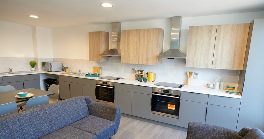 shared kitchen with all kitchen essentials, including a sofa and tv