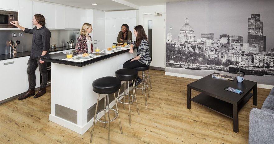 students in the shared kitchen with all essential items