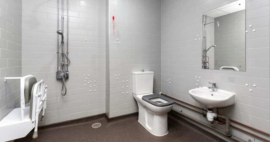 Accessible toilet with a spacious layout and support