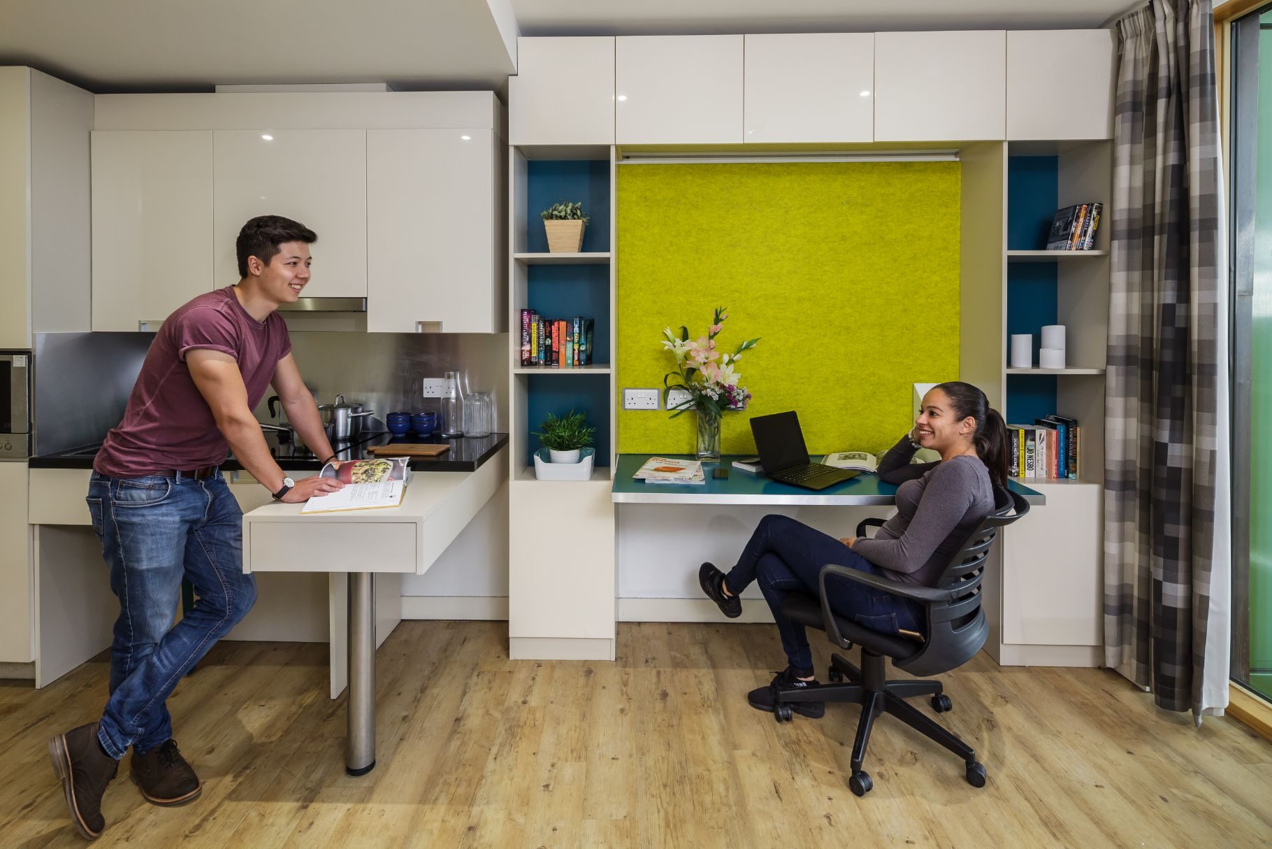 Students socialising in accessible studio at Urbanest Hoxton