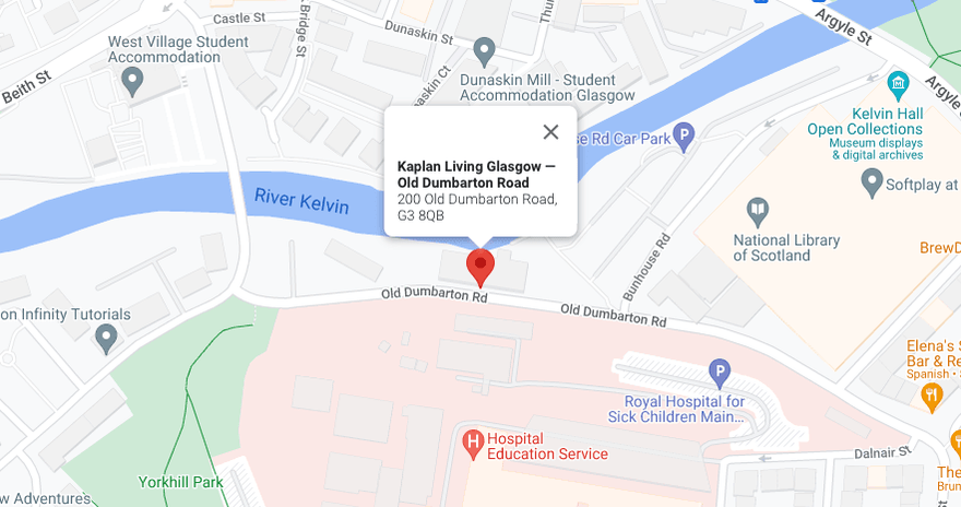 Location of Kaplan Living Glasgow in Old Dumbarton Road on a map