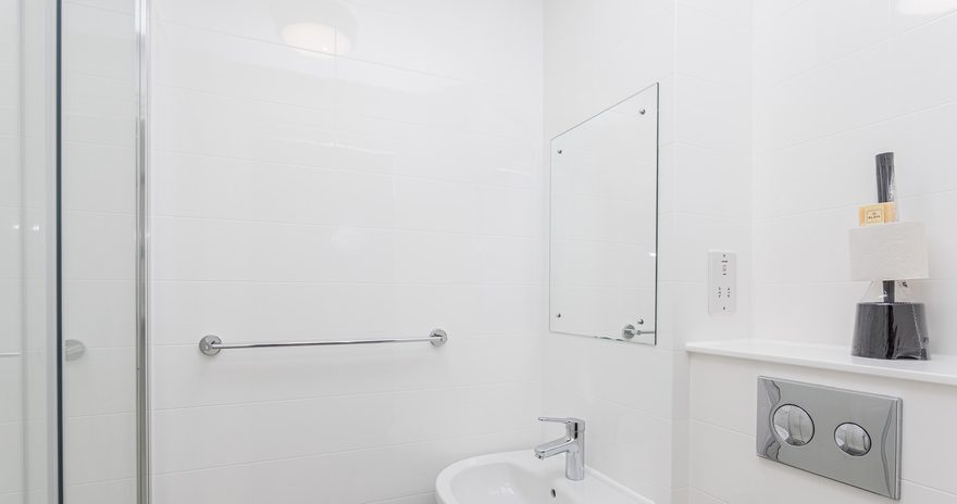 A bathroom in purdown view